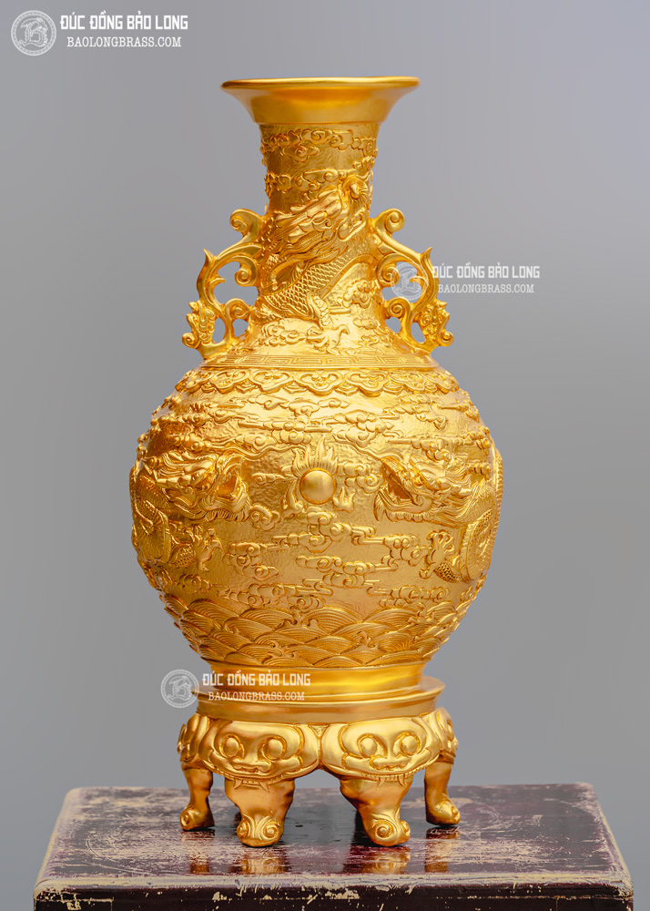 Lọ hoa ngũ long bằng đồng dát vàng 9999 cao 61cm