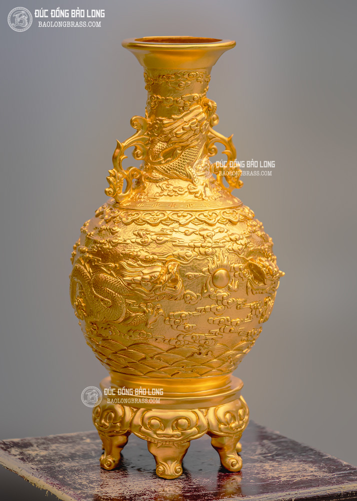lọ hoa ngũ long quần tụ bằng đồng dát vàng 9999 cao 61cm