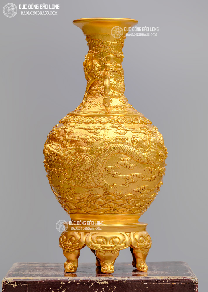 Lọ hoa ngũ long bằng đồng dát vàng 9999 cao 61cm