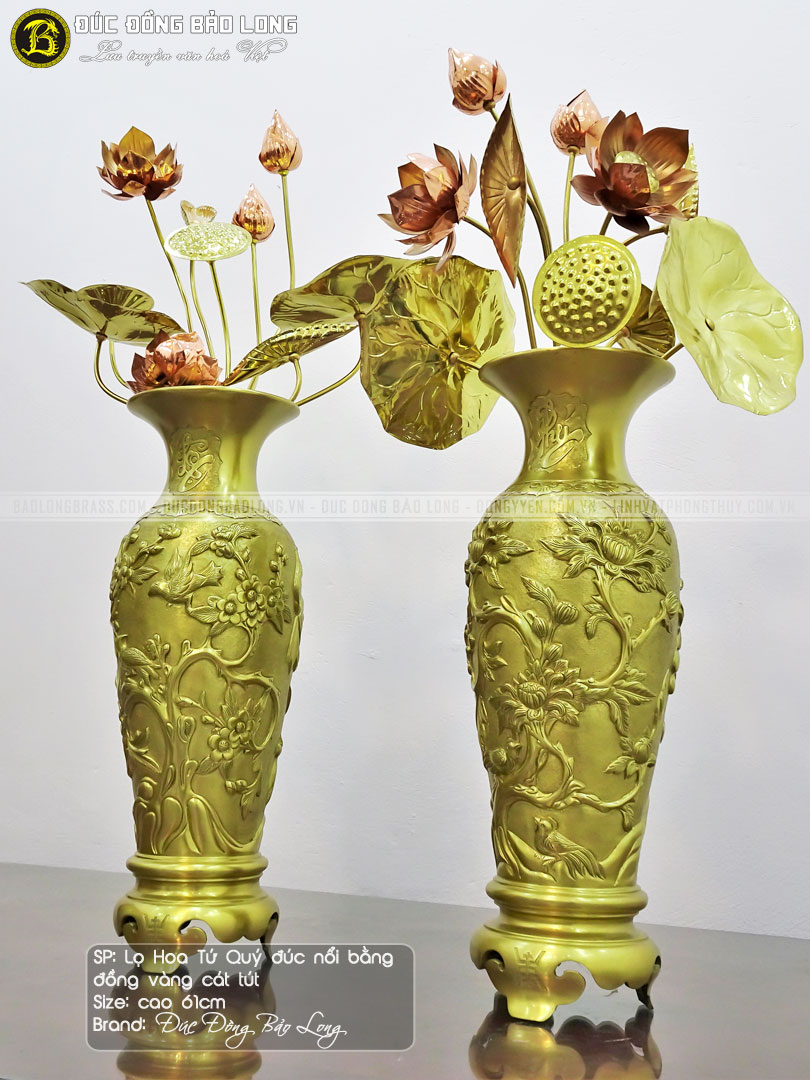 Đôi Lọ Hoa Tứ Quý Đúc Nổi Bằng Đồng Catut Cao 61cm 2 Lọ hoa Tứ Quý đúc nổi bằng đồng catut cao 61cm