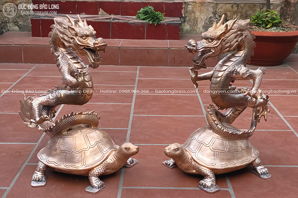 Cặp Tượng Long Quy Bằng Đồng Đỏ Cao 61Cm Màu Vàng Mộc