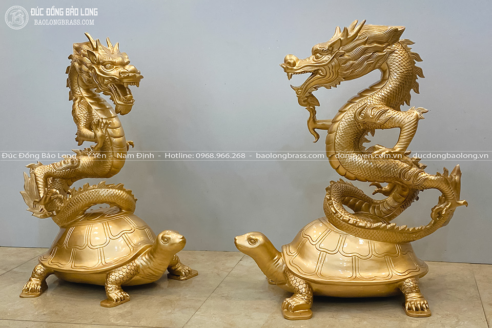 Cặp Tượng Long Quy Bằng Đồng Đỏ Cao 61Cm Màu Vàng Mộc