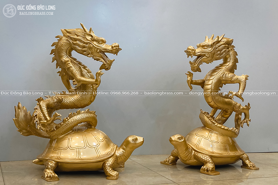Cặp Tượng Long Quy Bằng Đồng Đỏ Cao 61Cm Màu Vàng Mộc