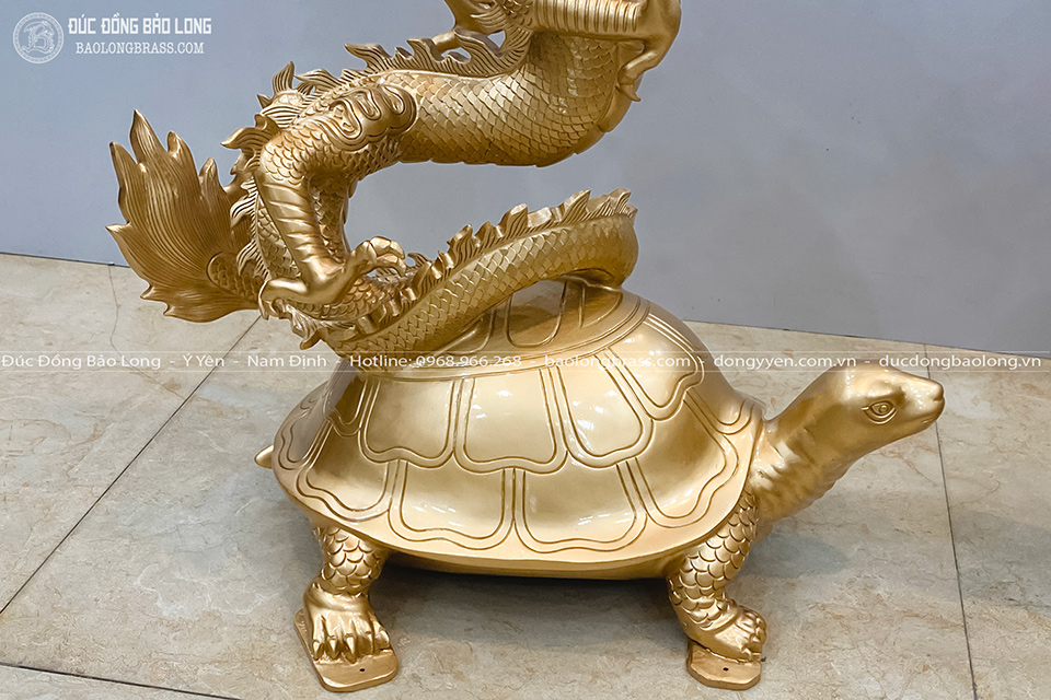 Cặp Tượng Long Quy Bằng Đồng Đỏ Cao 61Cm Màu Vàng Mộc