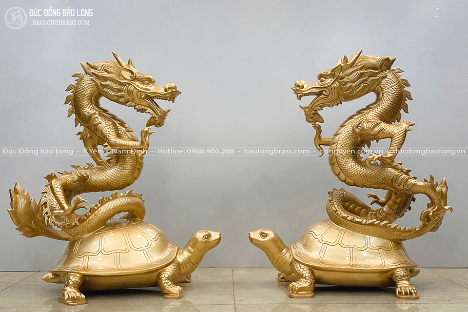 Cặp Tượng Long Quy Bằng Đồng Đỏ Cao 61Cm Màu Vàng Mộc