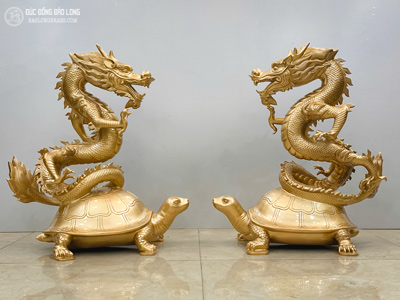 Cặp Tượng Long Quy Bằng Đồng Đỏ Cao 61Cm Màu Vàng Mộc