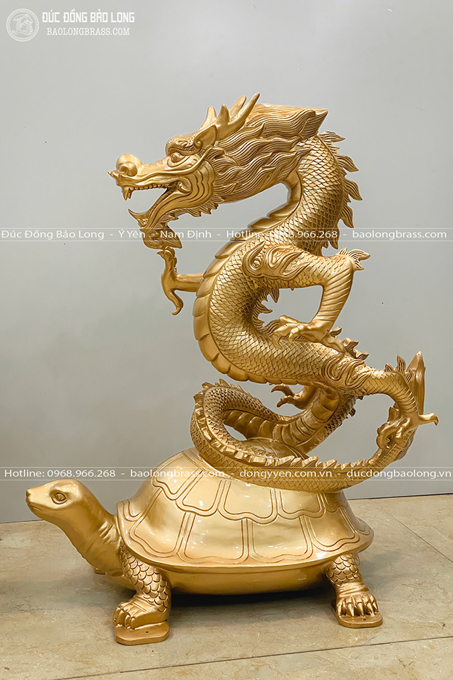 Cặp Tượng Long Quy Bằng Đồng Đỏ Cao 61Cm Màu Vàng Mộc