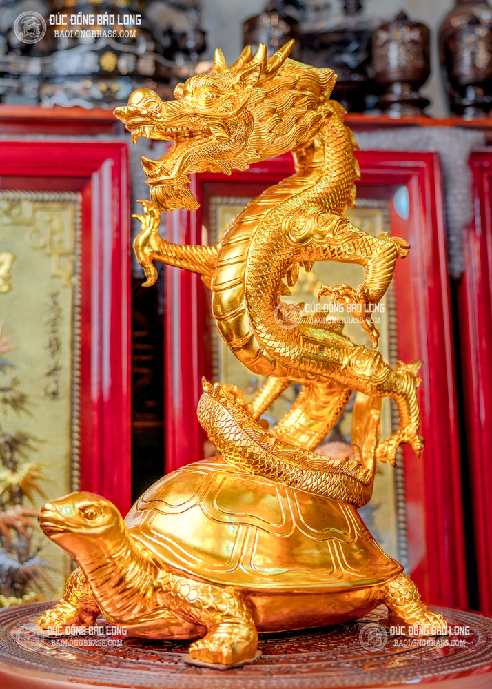 tượng Rồng cưỡi Rùa 61cm bằng đồng đỏ Dát vàng