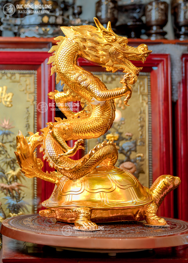 tượng rồng cưỡi rùa bằng đồng đỏ dát vàng 9999 cao 61cm