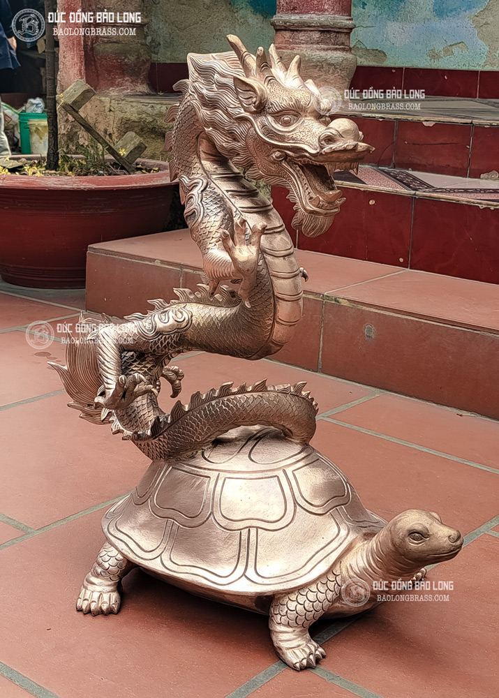 tượng Rồng cưỡi Rùa 61cm bằng đồng đỏ Dát vàng