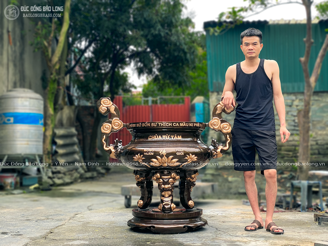 lư hương hoa sen bằng đồng đỏ cao 1m07