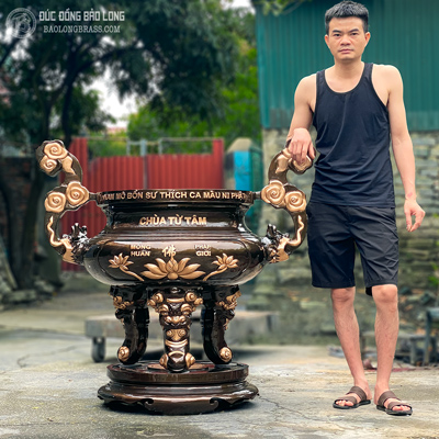 Lư Hương Đồng Hoa Sen Cao 1m07 Đúc Thủ Công
