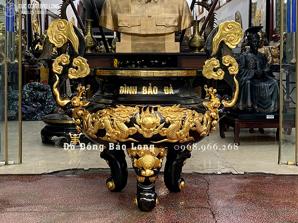 Lư Hương Đồng Song Long Chầu Nguyệt Dát Vàng 9999 Cao 1m33
