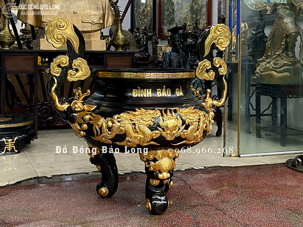 Lư Hương Đồng Song Long Chầu Nguyệt Dát Vàng 9999 Cao 1m33