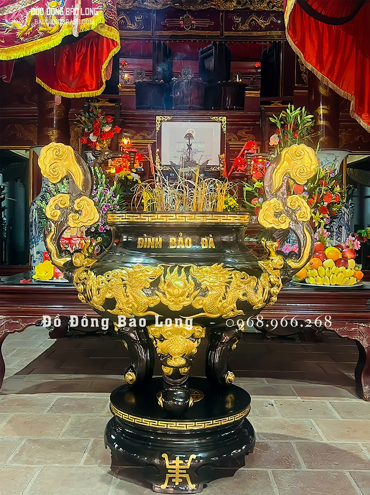 Lư Hương Đồng Song Long Chầu Nguyệt Dát Vàng 9999 Cao 1m33