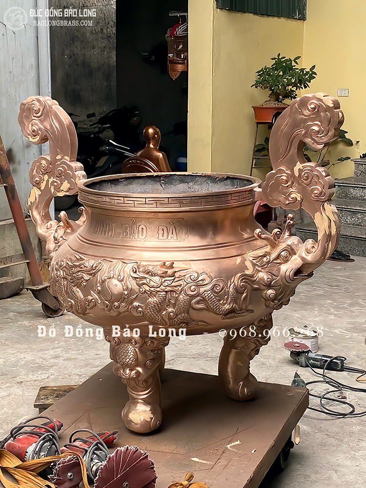 Lư Hương Đồng Song Long Chầu Nguyệt Dát Vàng 9999 Cao 1m33
