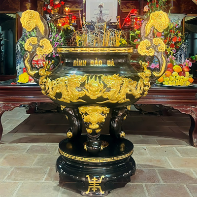 Lư Hương Đồng Song Long Chầu Nguyệt Dát Vàng 24K Cao 1m33