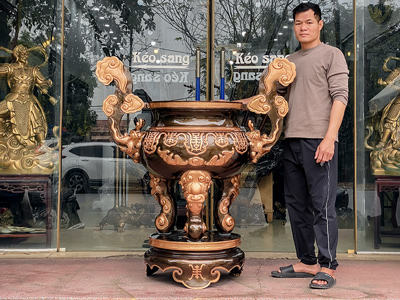 Lư Hương Đồng Họa Tiết Dơi Thọ Cao 1m37