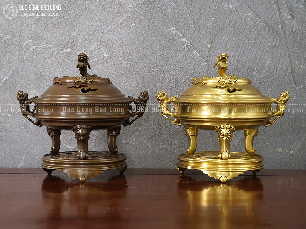 Lư Xông Trầm Tai Nghê Nắp Rồng Dáng Cổ Bằng Đồng Cao 24cm