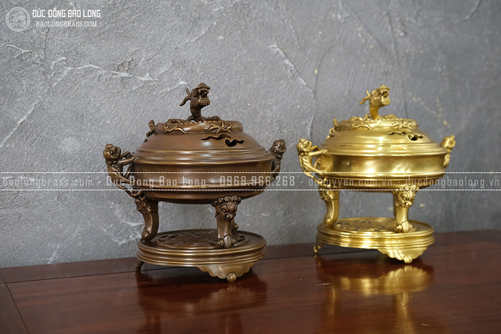 Lư Xông Trầm Tai Nghê Nắp Rồng Dáng Cổ Bằng Đồng Cao 24cm