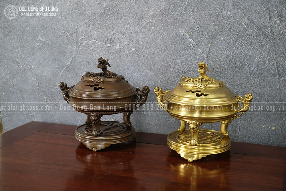 Lư Xông Trầm Tai Nghê Nắp Rồng Dáng Cổ Bằng Đồng Cao 24cm
