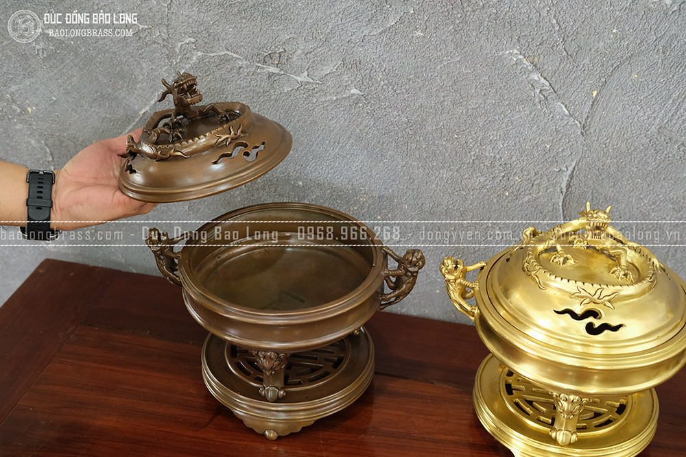 Lư Xông Trầm Tai Nghê Nắp Rồng Dáng Cổ Bằng Đồng Cao 24cm