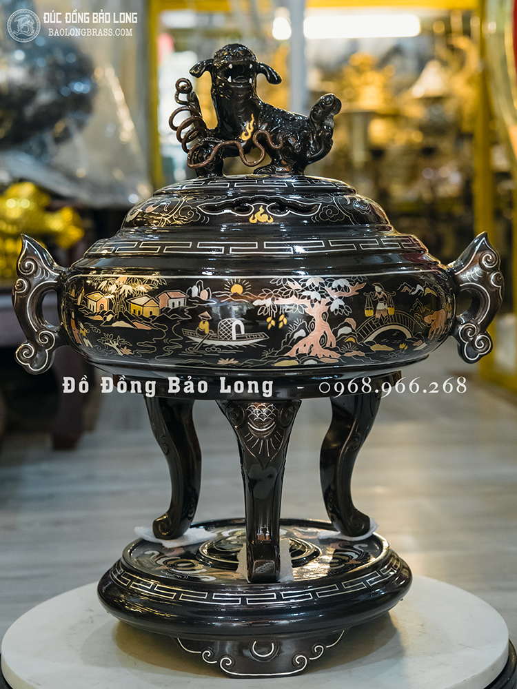 Lư xông trầm bằng đồng khảm ngũ sắc cao 42cm