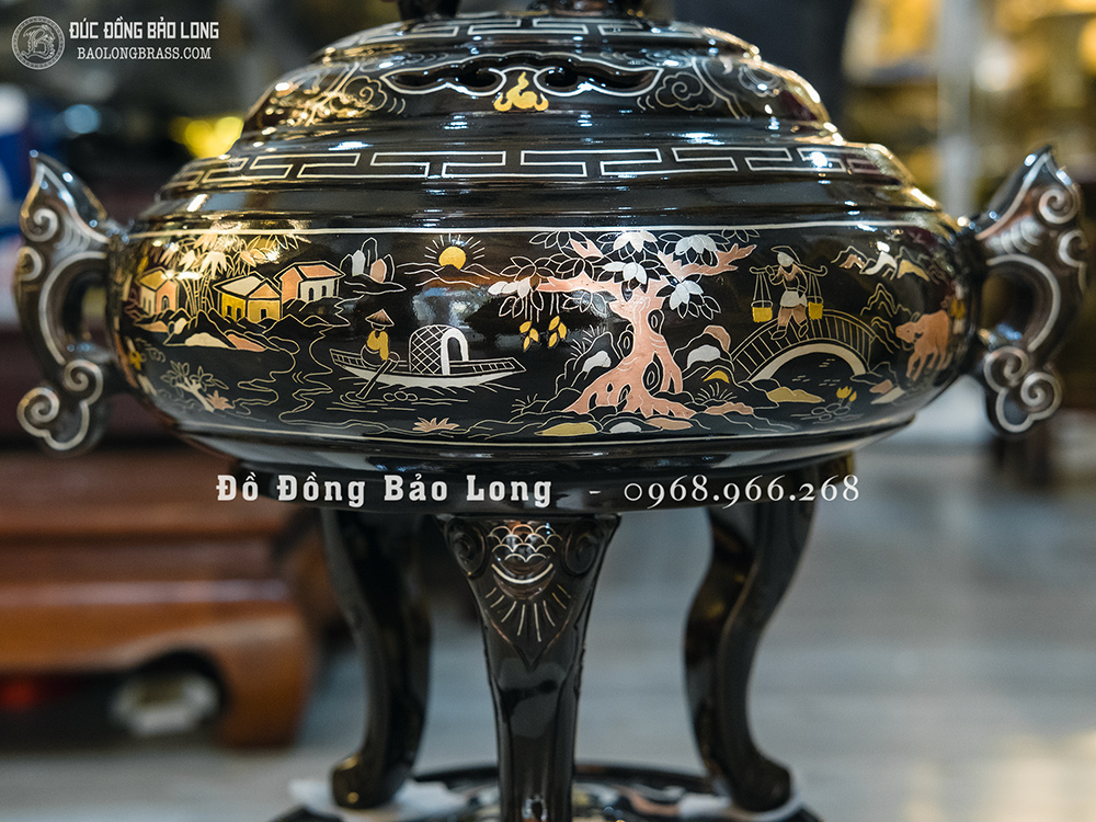 Lư xông trầm bằng đồng khảm ngũ sắc cao 42cm