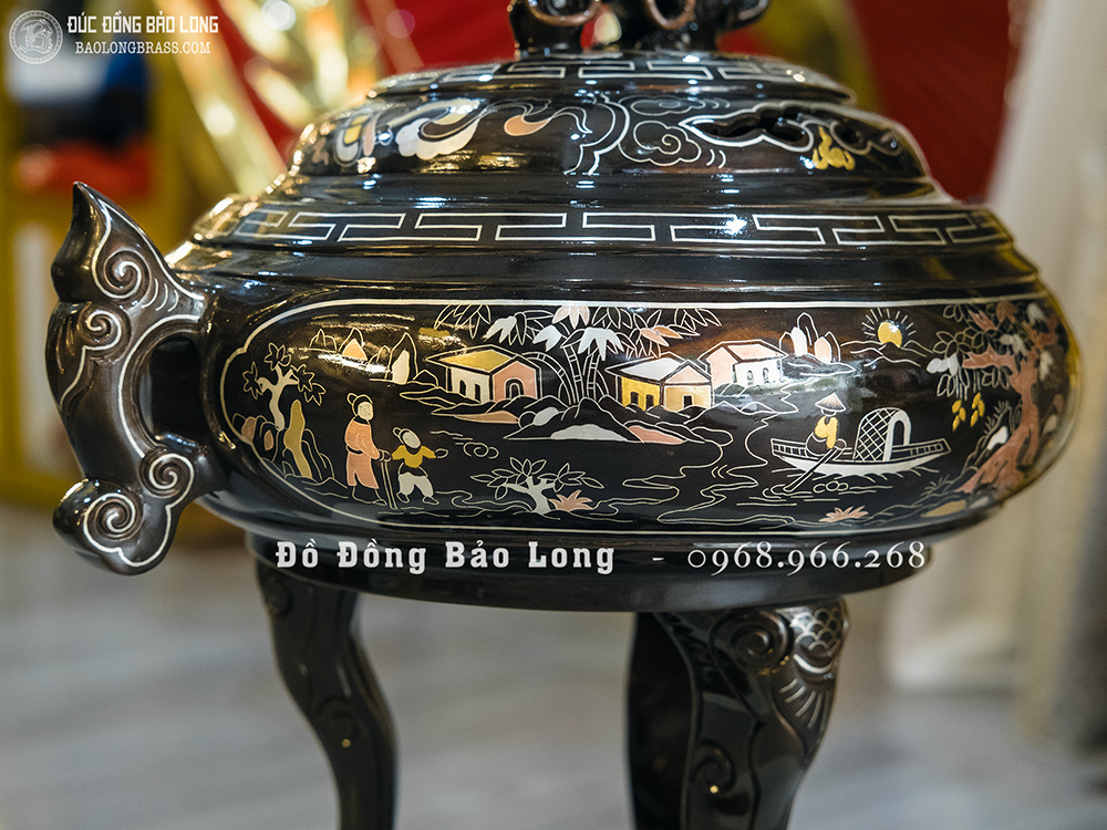 Lư xông trầm bằng đồng khảm ngũ sắc cao 42cm