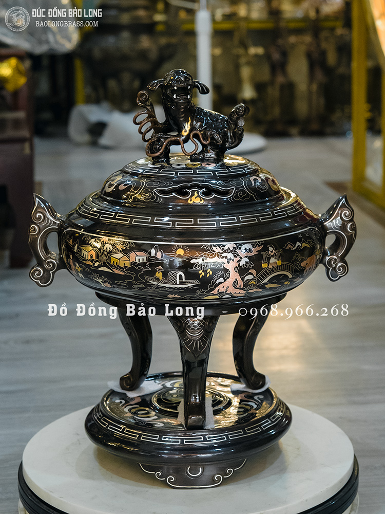 Lư xông trầm bằng đồng khảm ngũ sắc cao 42cm