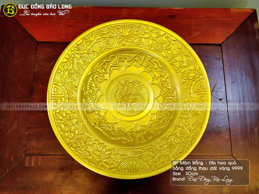  mâm bồng bằng đồng thau dát vàng 9999 đk 30cm