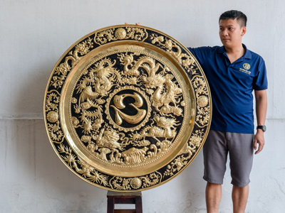 Mâm Đồng Tứ Linh Chữ Tâm Bằng Đồng Vàng ĐK 1m2 