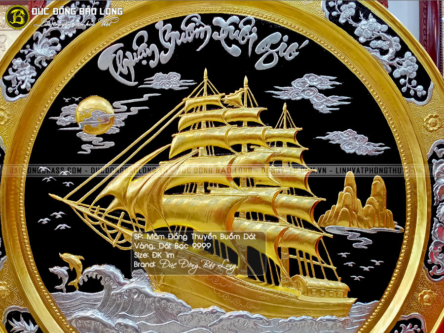 tranh mâm đồng Thuận Buồm Xuôi Gió dát bạc dát vàng 9999 đk 1m