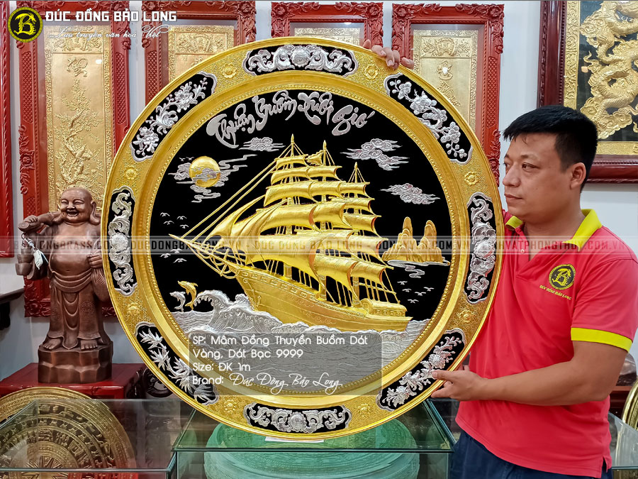 tranh mâm đồng Thuận Buồm Xuôi Gió dát bạc dát vàng 9999 đk 1m