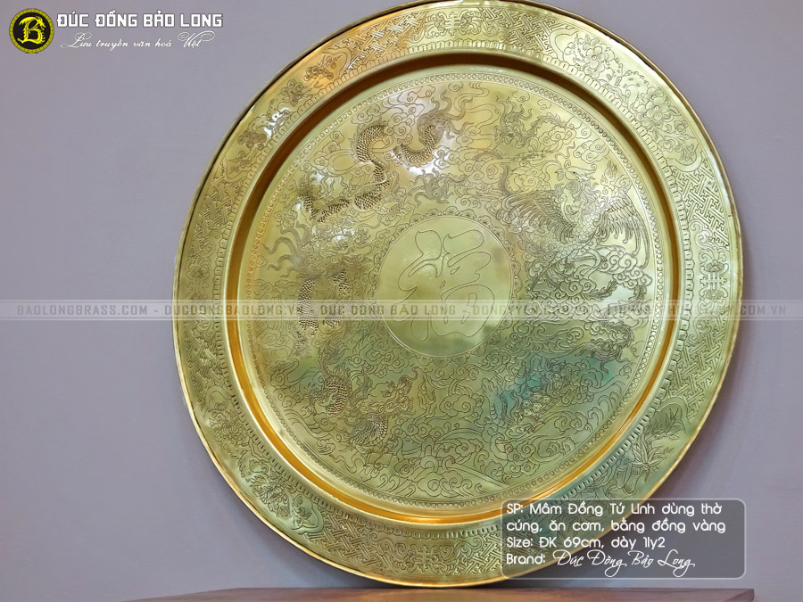 Tranh mâm đồng Tứ Linh bằng đồng vàng đk 69cm
