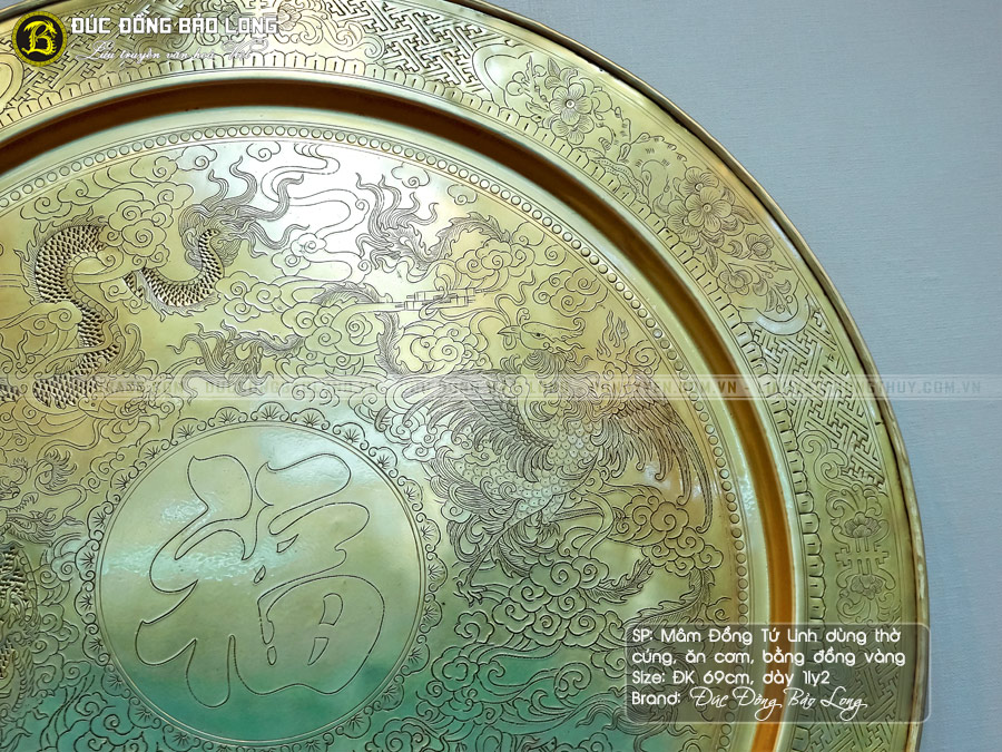 Tranh mâm đồng Tứ Linh bằng đồng vàng đk 69cm