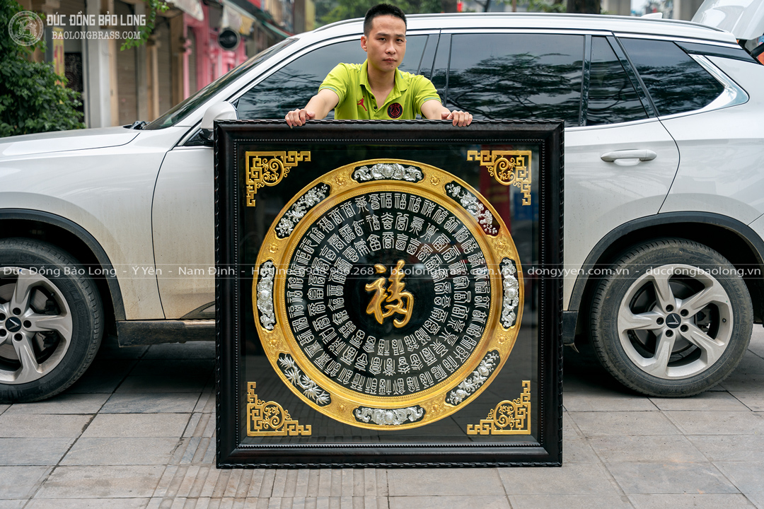 Tranh Mâm Đồng Bách Phúc Dát Vàng Bạc Khung Gỗ Gụ Khổ 1m27