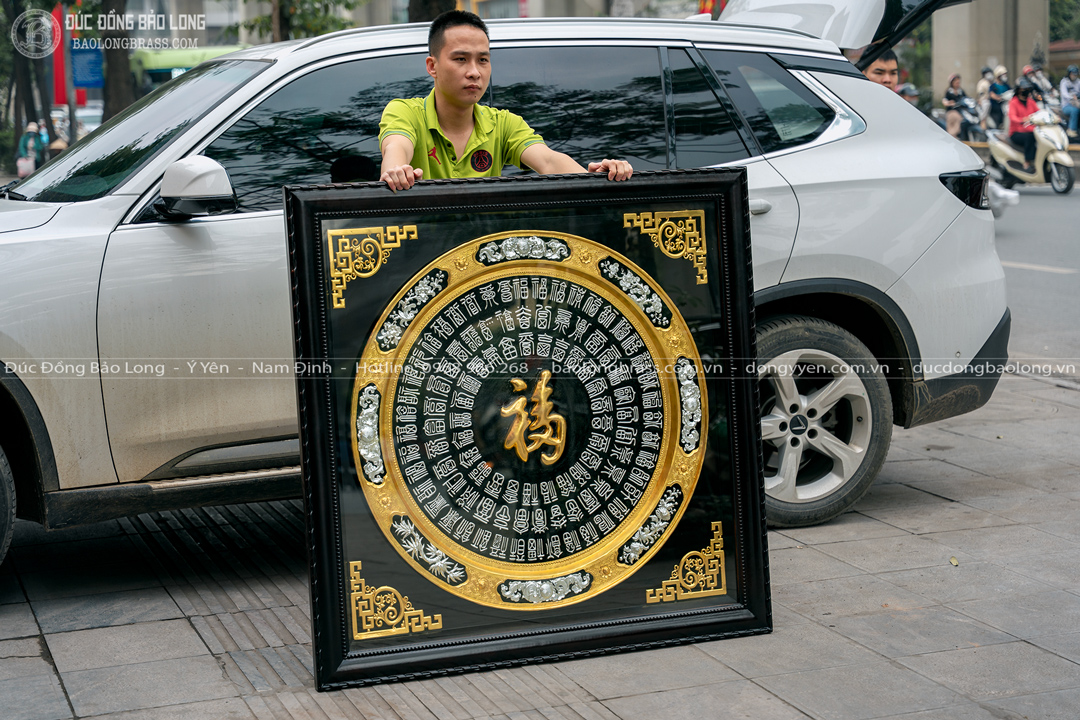 Tranh Mâm Đồng Bách Phúc Dát Vàng Bạc Khung Gỗ Gụ Khổ 1m27