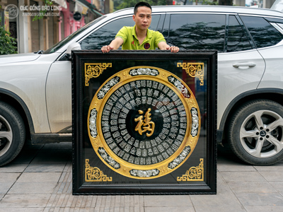 Tranh Mâm Đồng Bách Phúc 1m27 Dát Vàng Bạc 9999 Khung Gỗ Gụ 