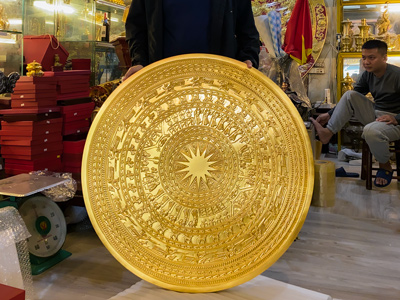 Mặt Trống Đồng Đúc Đông Sơn Bằng Đồng Đỏ Dát Vàng 24K ĐK 1m