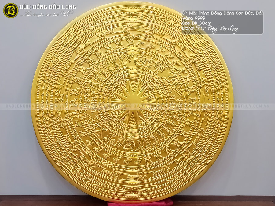 tranh mặt trống đồng Đông Sơn đúc dát vàng 9999 đk 80cm
