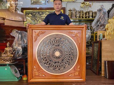 Tranh Mặt Trống Đồng ĐK 80cm Đúc Thủ Công Khung Gỗ Hương Đá 1m07