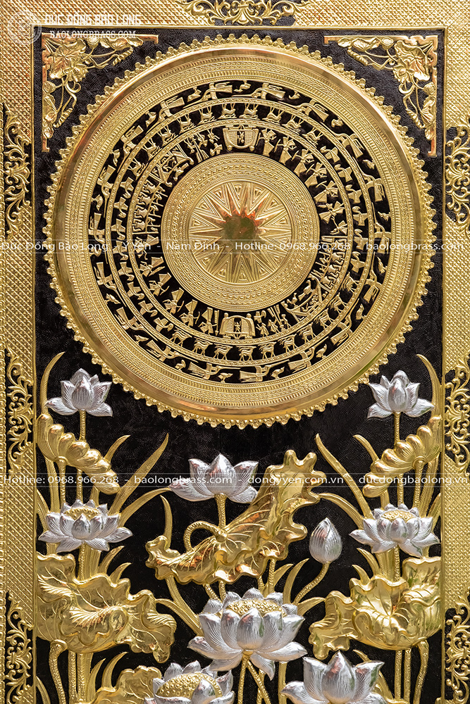 tranh mặt trống đồng Hoa Sen khung liền đồng khổ 1m55 x 95cm