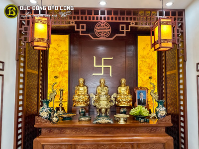 Bàn Giao Bộ Tượng Tam Thế Phật Cao 58cm Bằng Đồng Dát Vàng