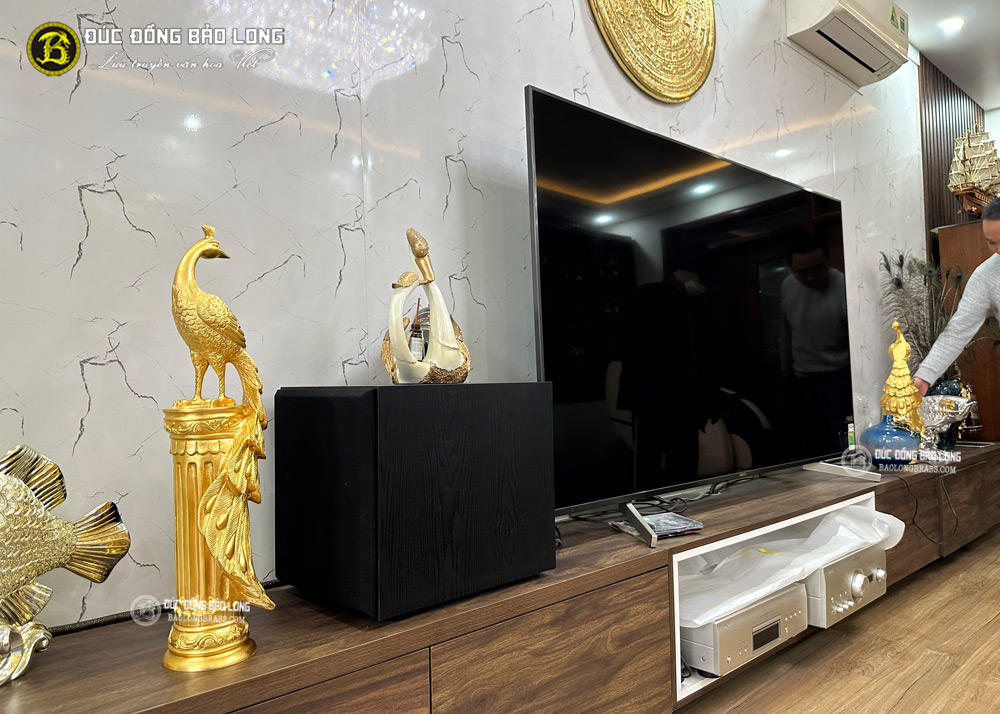 đôi chim công bằng đồng cao 60cm dát vàng