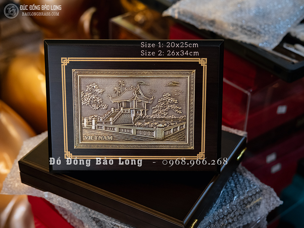 Hộp Quà Tặng Tranh Chùa Một Cột Bằng Đồng Ốp Gỗ Màu Trầm Cổ