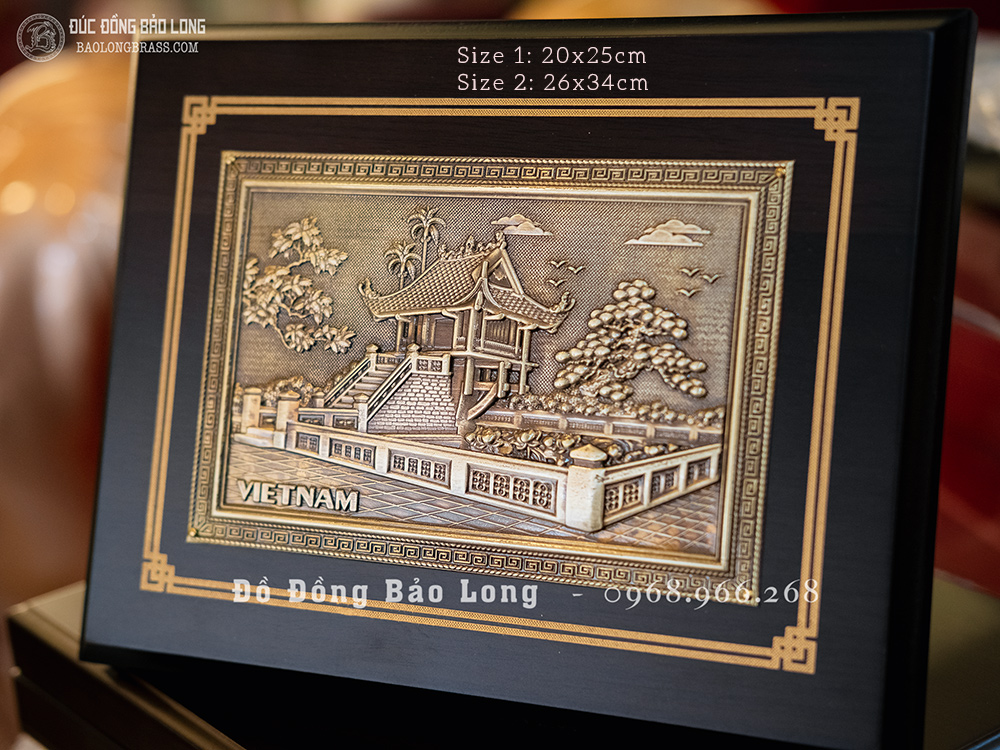 Hộp quà tặng tranh Chùa Một Cột bằng đồng ốp gỗ màu trầm cổ