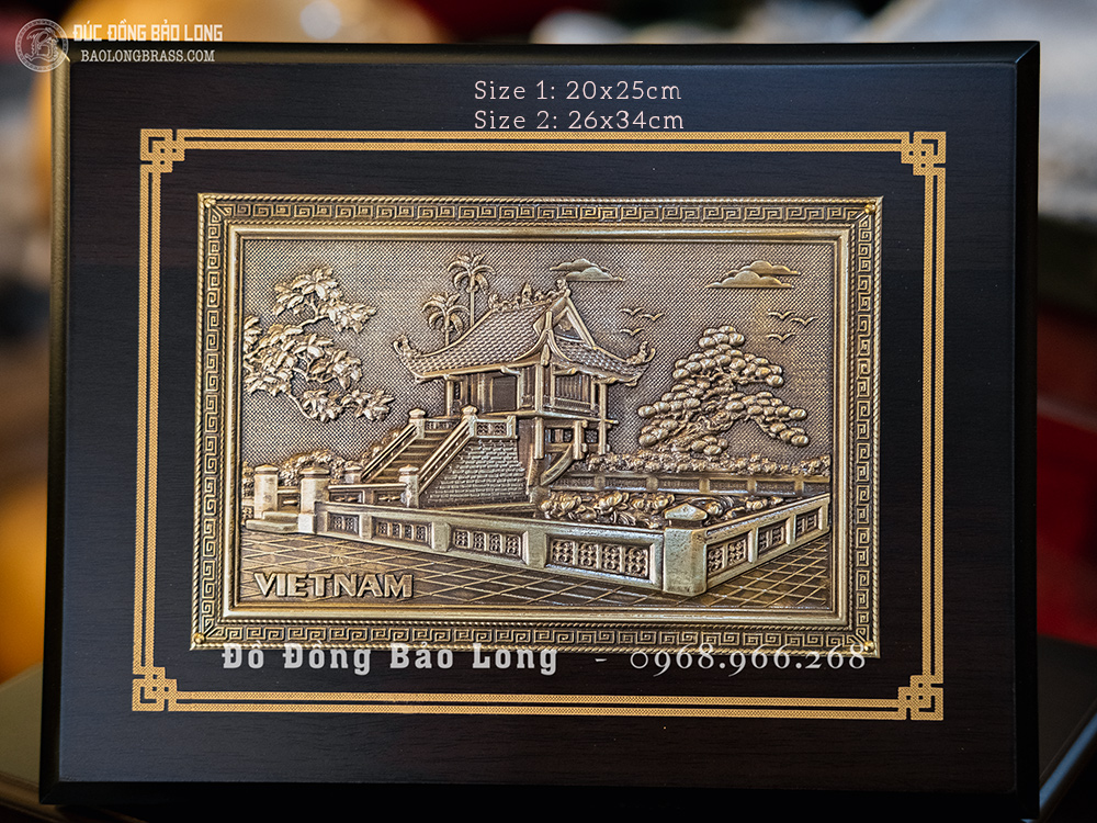 Hộp quà tặng tranh Chùa Một Cột bằng đồng ốp gỗ màu trầm cổ