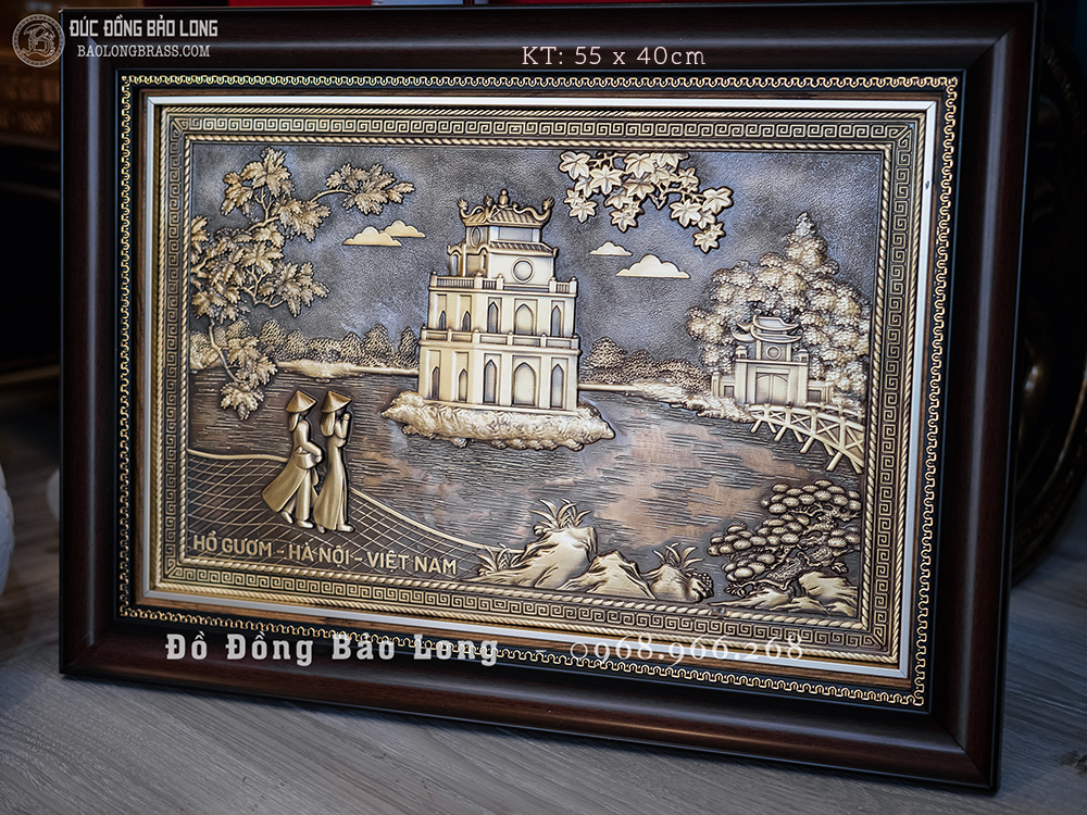 Tranh đồng Tháp Rùa Hồ Gươm màu trầm cổ khung nhựa composite khổ 55cm x 40cm