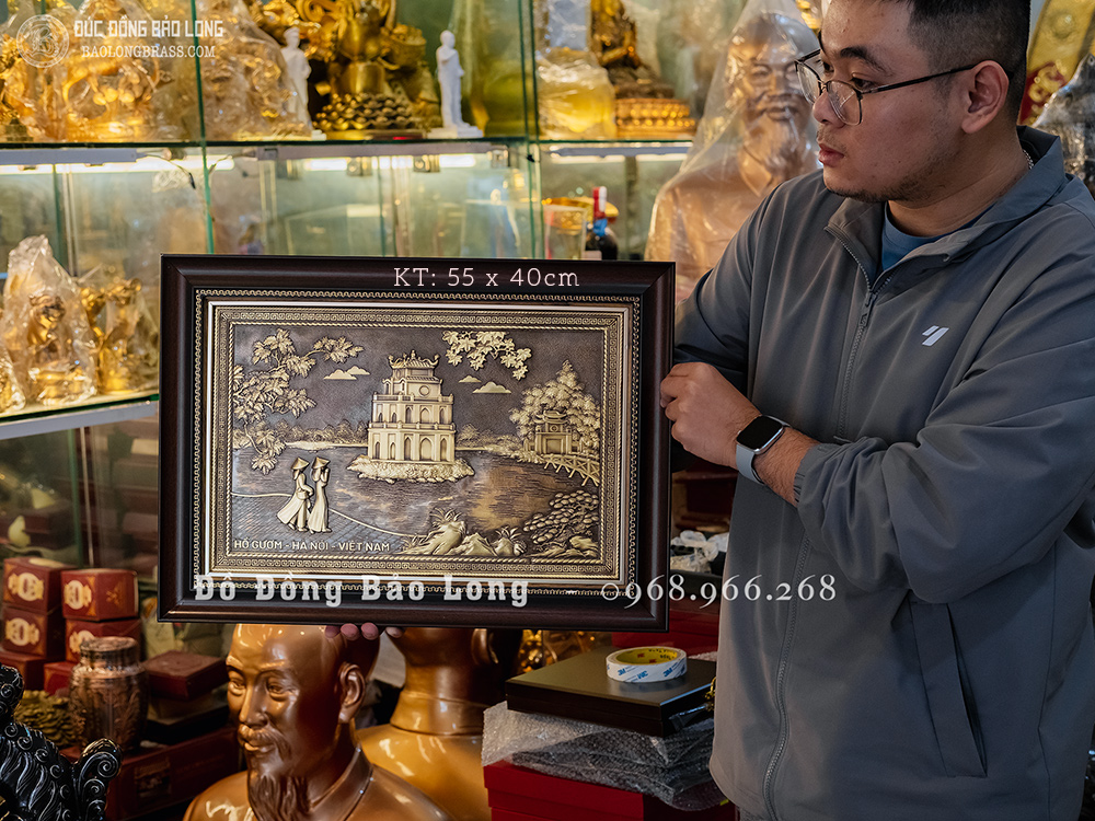 Tranh Tháp Rùa Hồ Gươm Bằng Đồng Màu Trầm Cổ Khung Composite Khổ 55cm x 40cm